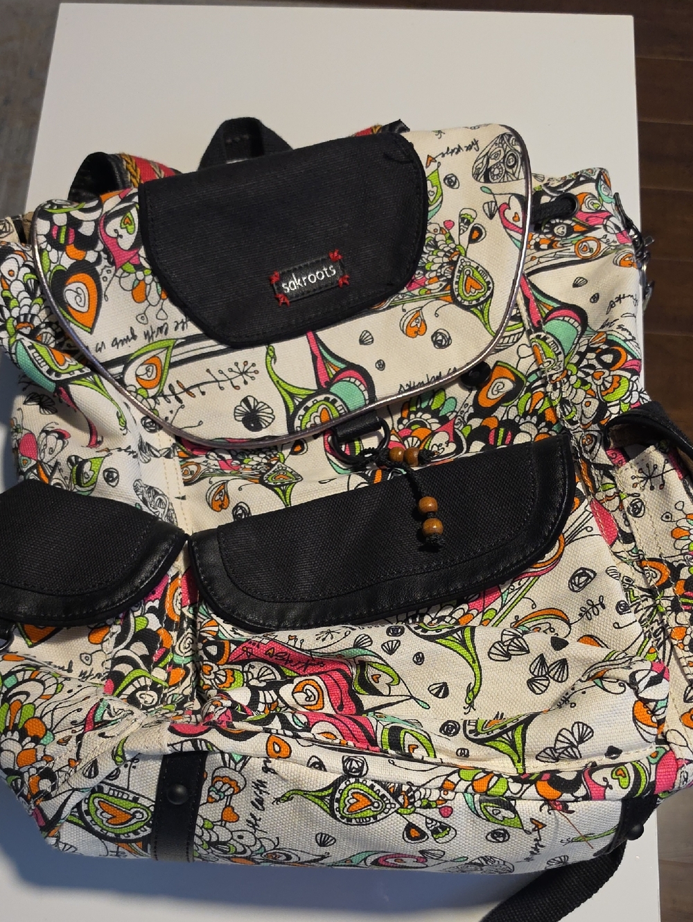 Sakroots Cream Floral Canvas Backpack with Black Accents